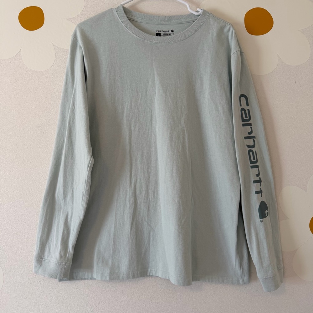 EUC Carhartt Heavyweight Dearborn Loose LS Logo Sleeve Long Sleeve T-Shirt Mint - Picture 4 of 10